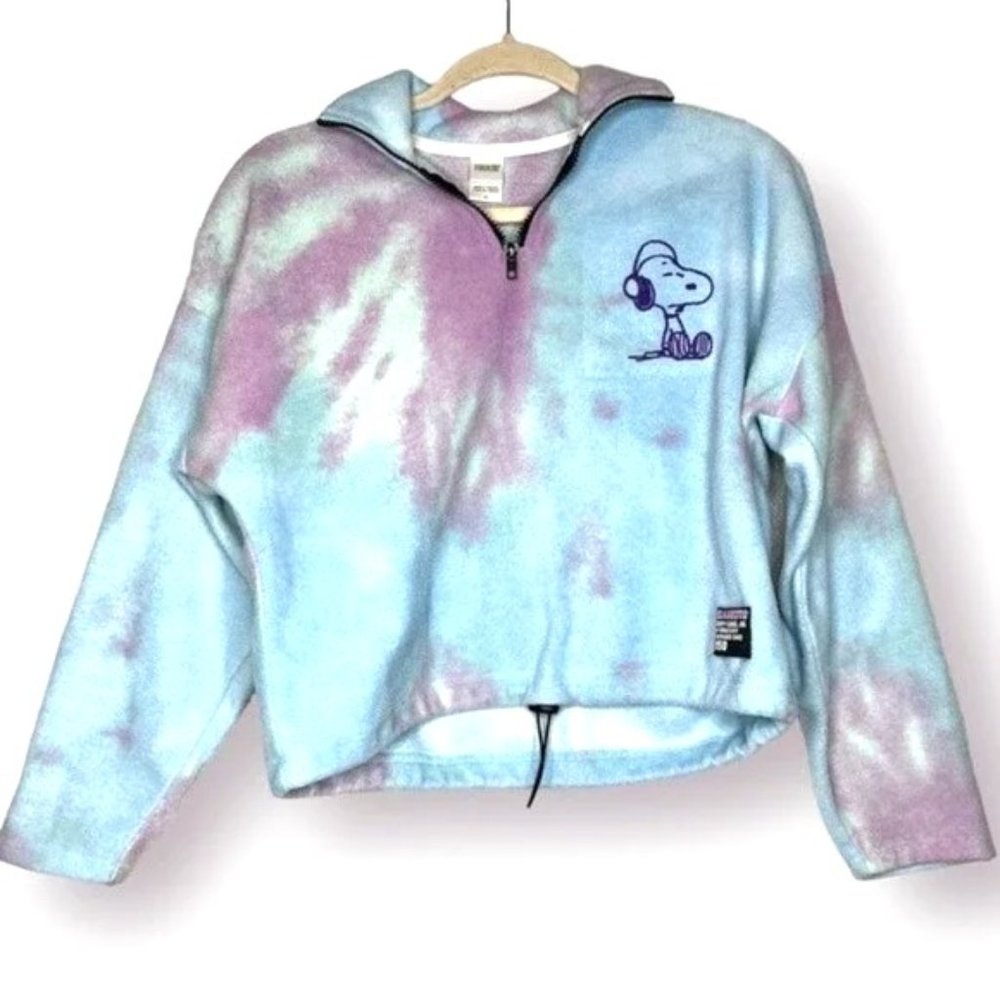 Peanuts Tie Dye Embroidered Snoopy Cropped Sweatshirt - Blue Size XS